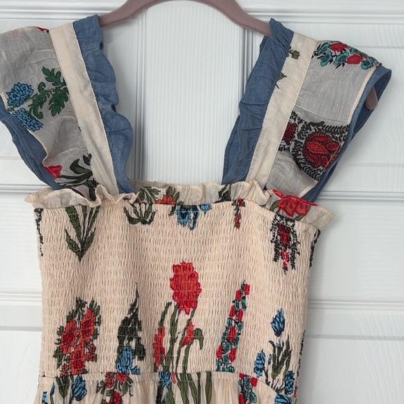 THML block print style floral flutter sleeve smocked midi dress in cream - Picture 6 of 9